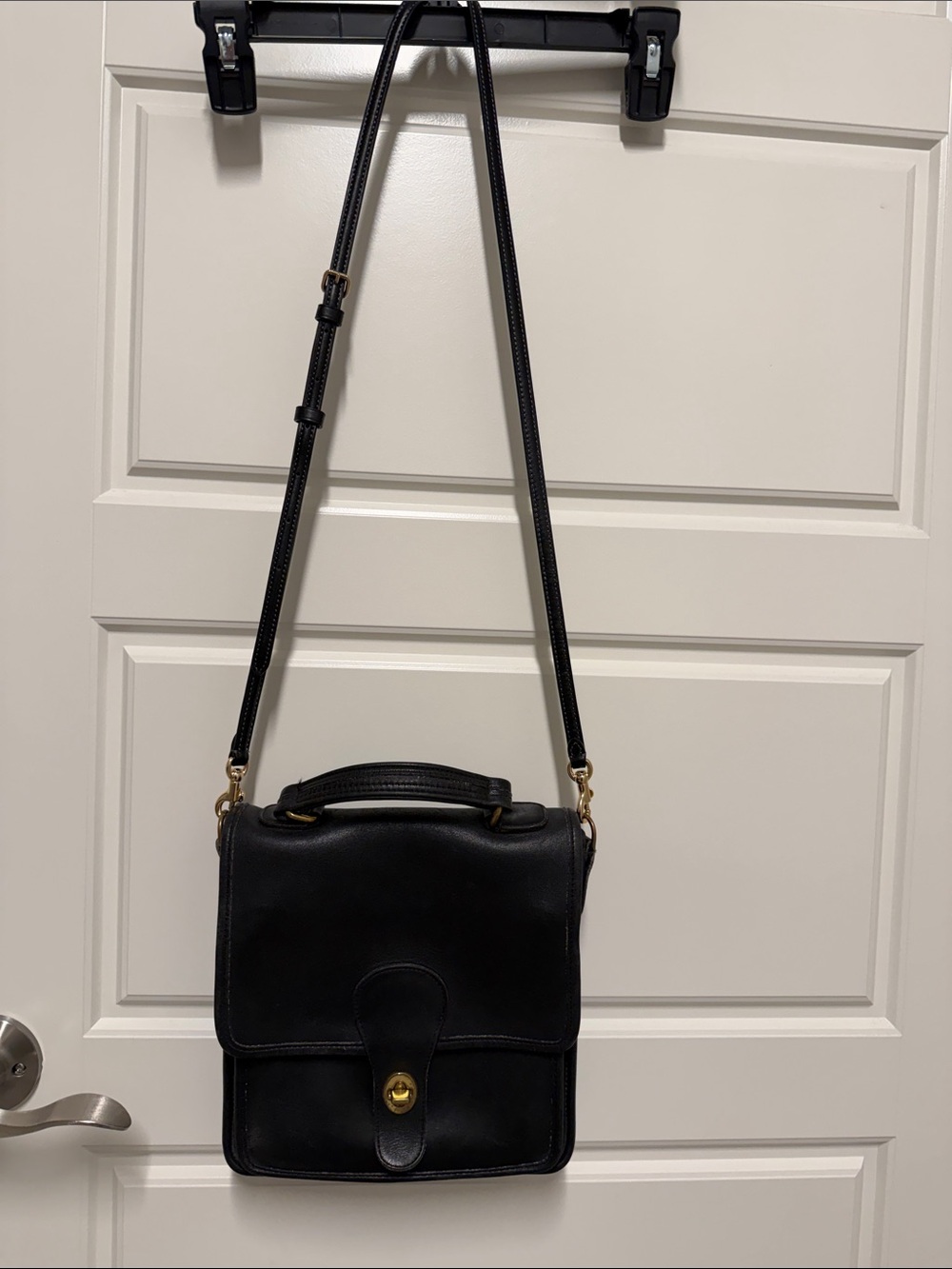 Coach Black Leather Messenger Bag with Gold Hardware
